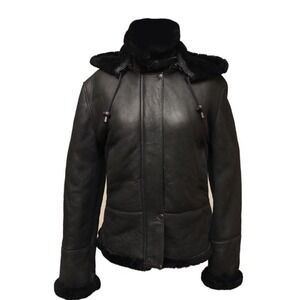 Ricardo BH The Kay Sheepskin Shearing Coat Hooded Women's Large Black EUC